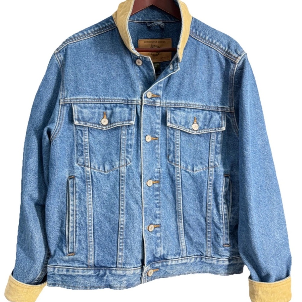 Vtg Eddie Bauer Mens Blue Denim Small Jacket Beige Corduroy Collar Pockets 90s